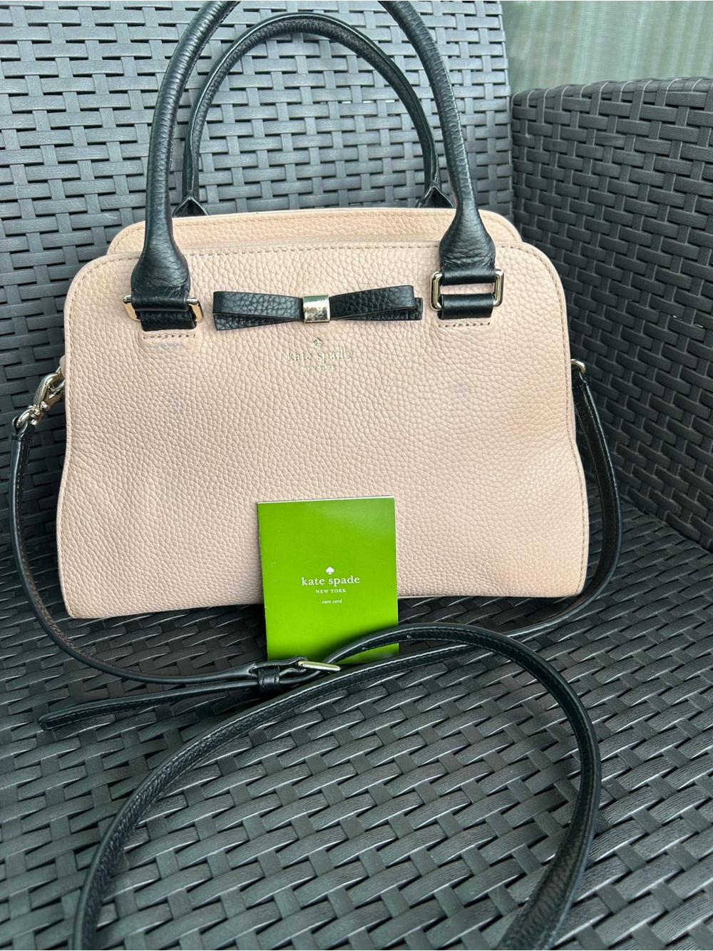 kate spade Pebbled Leather Satchel in Pale Pink and Black with Bow Accent